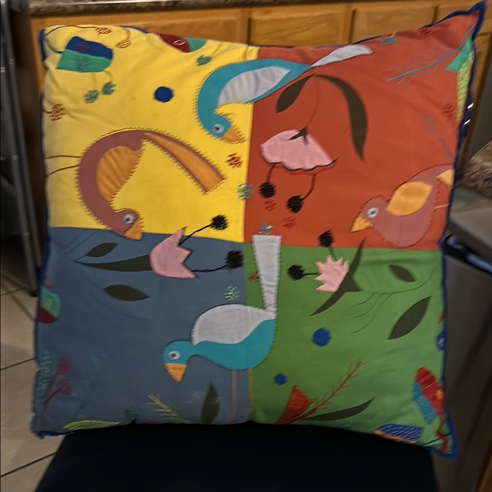 Patchwork Bird Embroidered Cushion - Picture 4 of 6